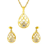 Gold/steel emery mesh hollowed out teardrop interior + diamond jewelry set