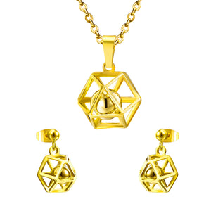 Gold/Steel Hexagonal Wispy Hexagonal Interior + Diamond Jewelry Set