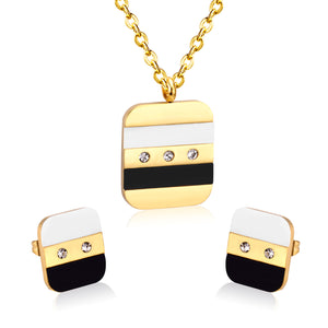 Steel/Gold Rectangle with Shell + Diamond Jewelry Set