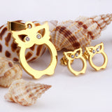 Gold/steel color owl with two eyes made of diamonds and a body with a hollow design and a smooth cut surface Jewelry Set