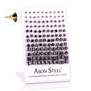 3-8 Snapback Steel/Gold Square White Diamond/Black Diamond Stud Earrings