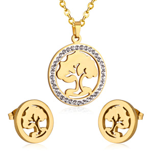 Steel/golden smooth partially glued diamond hollow tree cut jewelry set