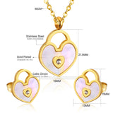 Gold/Steel Heart Shape Hand Basket White Shell with Diamonds Jewelry Set