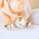 Gold/Steel Heart Shape Hand Basket White Shell with Diamonds Jewelry Set