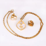 Gold/Steel Heart Shape Hand Basket White Shell with Diamonds Jewelry Set