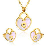 Gold/Steel Heart Shape Hand Basket White Shell with Diamonds Jewelry Set