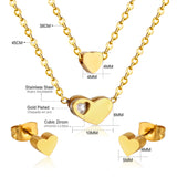 Gold/steel color glossy heart shaped double chain pendant jewelry set with diamond in the middle