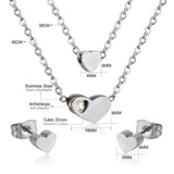 Gold/steel color glossy heart shaped double chain pendant jewelry set with diamond in the middle