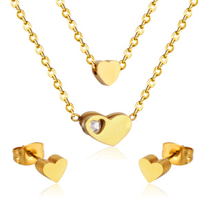 Gold/steel color glossy heart shaped double chain pendant jewelry set with diamond in the middle