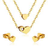 Gold/steel color glossy heart shaped double chain pendant jewelry set with diamond in the middle