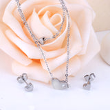 Gold/steel color glossy heart shaped double chain pendant jewelry set with diamond in the middle