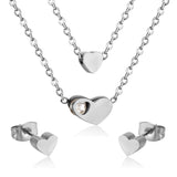 Gold/steel color glossy heart shaped double chain pendant jewelry set with diamond in the middle