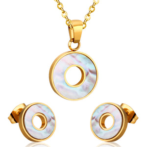 Steel/golden circle with glued circle shell jewelry set