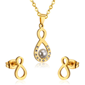 Steel/golden figure 8 cut faceted jewelry set with pearl