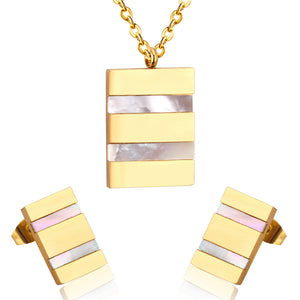 Steel/golden rectangle with two rectangles + shell jewelry set