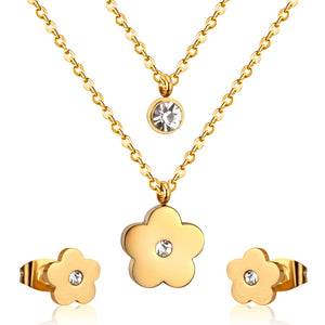 Steel/Gold Double Chain Pendant Jewelry Set with Diamonds in the Center with Five Flowers