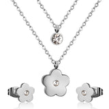 Steel/Gold Double Chain Pendant Jewelry Set with Diamonds in the Center with Five Flowers