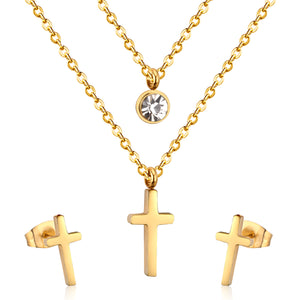 Steel/gold double chain pendant jewelry set with diamonds in the shape of a polished cross + diamonds on one chain