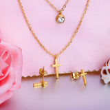 Steel/gold double chain pendant jewelry set with diamonds in the shape of a polished cross + diamonds on one chain