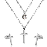 Steel/gold double chain pendant jewelry set with diamonds in the shape of a polished cross + diamonds on one chain