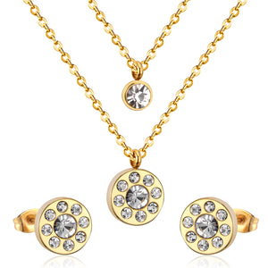 Steel/Golden Discus with Diamonds Double Chain Pendant Jewelry Set