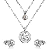 Steel/Golden Double Chain Pendant Jewelry Set with White Diamonds + Diamonds on Two Chains