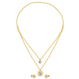 Steel/Golden Double Chain Pendant Jewelry Set with White Diamonds + Diamonds on Two Chains