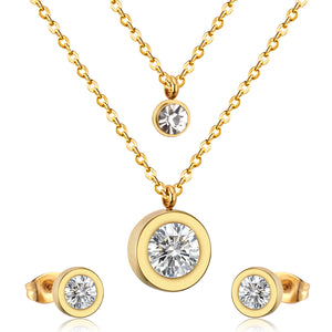 Steel/Golden Double Chain Pendant Jewelry Set with White Diamonds + Diamonds on Two Chains