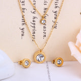 Steel/Golden Double Chain Pendant Jewelry Set with White Diamonds + Diamonds on Two Chains