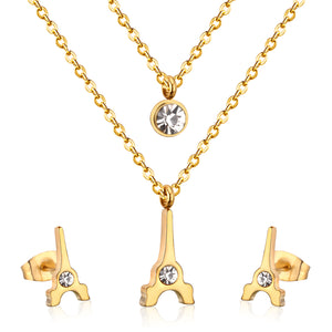 Steel/Golden Diamonds Scissors Shape Double Chain Pendant Jewelry Set with Diamonds in the Middle