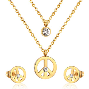 Steel/golden double chain pendant jewelry set with diamonds in the form of a round bridge stand + diamonds on one chain