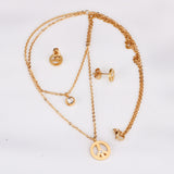 Steel/golden double chain pendant jewelry set with diamonds in the form of a round bridge stand + diamonds on one chain