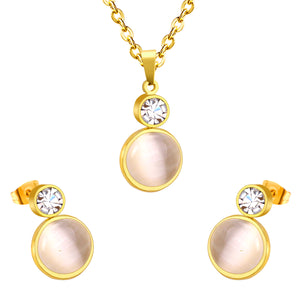 Gold/steel color sticking cat's eye stone + a small round cake with diamonds on top jewelry set