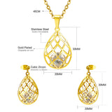 Gold/steel emery mesh hollowed out teardrop interior + diamond jewelry set