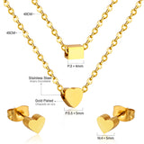 Gold/steel two-chain pendant jewelry set with rectangle and heart shapes