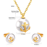 Steel/golden white pearl + anchor cut jewelry set