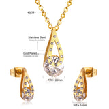 Gold/Steel Teardrop + Zirconia Pendant Jewelry Set