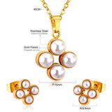 Steel/golden four-flower white pearl+diamond jewelry set