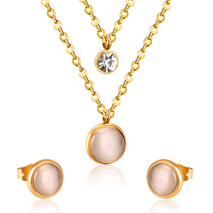 Gold/Steel with Diamonds Double Chain White Cat's Eye Stone Jewelry Set