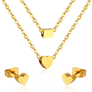 Gold/steel two-chain pendant jewelry set with rectangle and heart shapes