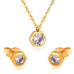 Gold/Steel Hexagon Jewelry Set with Diamonds in the Middle