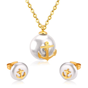 Steel/golden white pearl + anchor cut jewelry set