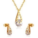 Gold/Steel Teardrop + Zirconia Pendant Jewelry Set