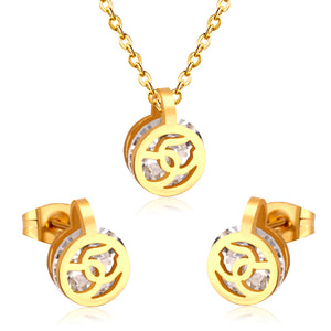 Gold/Steel Round Pendant Jewelry Set with Zirconia