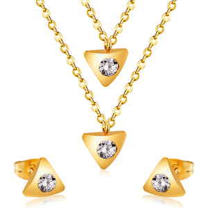 Gold/steel triangle double chain pendant set with diamond in the middle