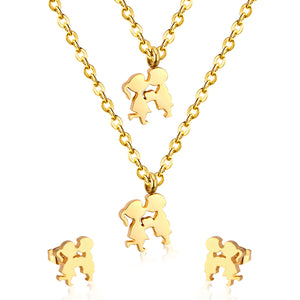 Gold/steel two children playing double chain pendant jewelry set