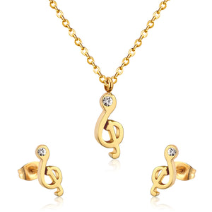 Gold/Steel Music Note Cut Jewelry Set with Diamonds