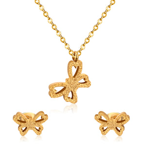 Gold/steel cut butterfly shape frosted jewelry set without diamonds