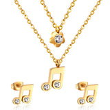 Gold/Steel Two Chain Pendant Jewelry Set with Diamond Music Symbol