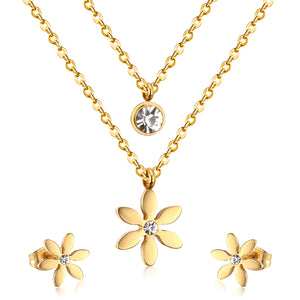 Gold/Steel Two-Chain Pendant Jewelry Set with Diamonds in the Shape of a Snowflake